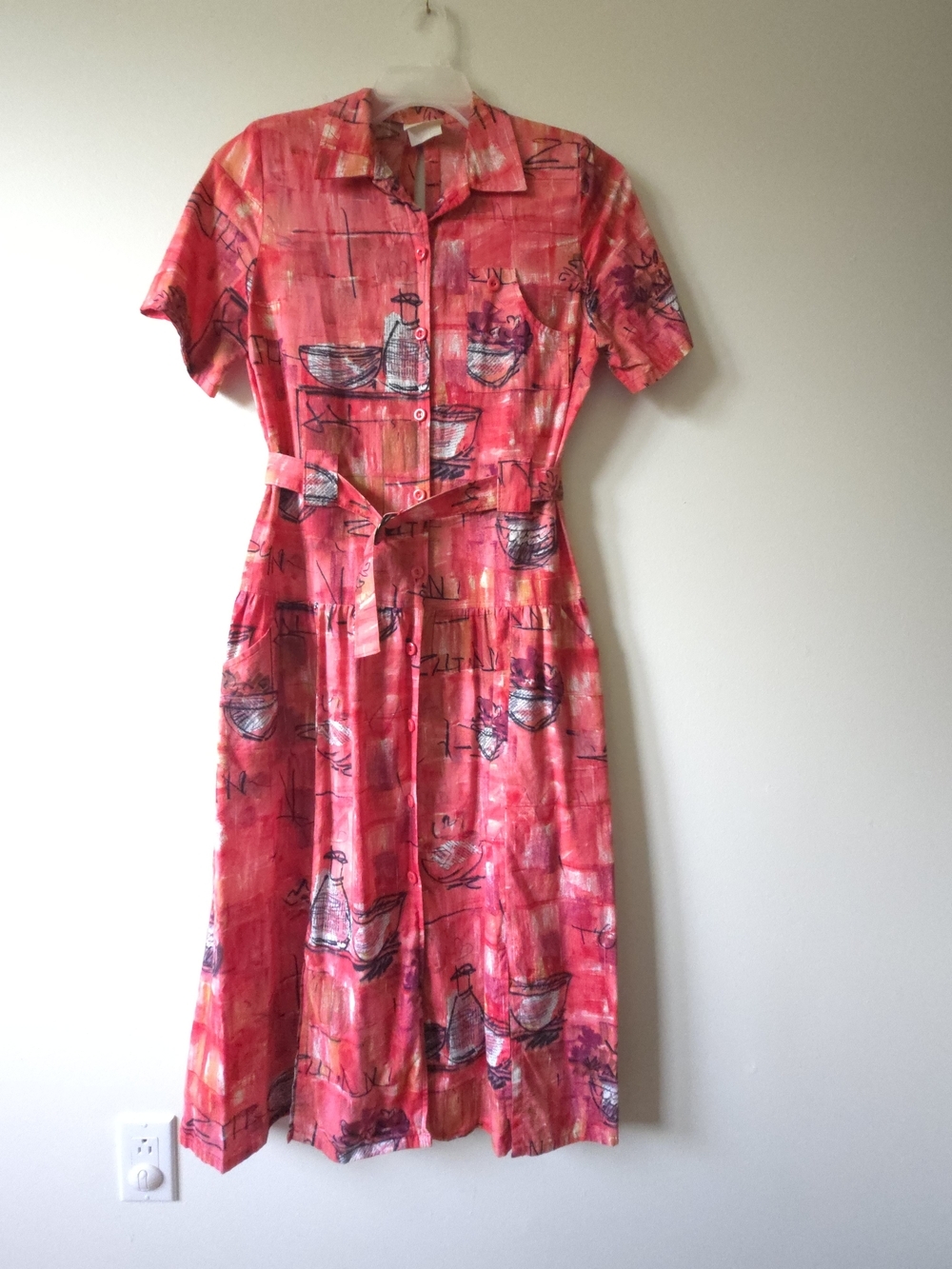 Vintage Relance Canada Abstract Still Life Print Midi Shirt Dress